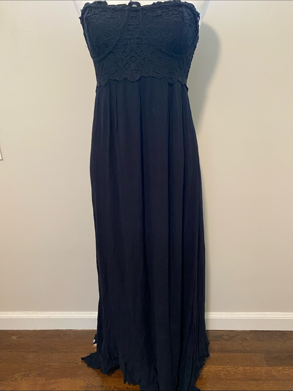 FREE PEOPLE ONE Strapless Black Lace Maxi Dress with Smocked Bodice